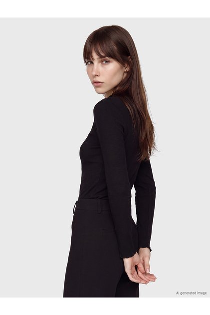 Two Mt Shop Quality Lcw Modest Black Camisole Plain Super Skinny & Extra Slim Long Sleeve Women's Bodysuit
