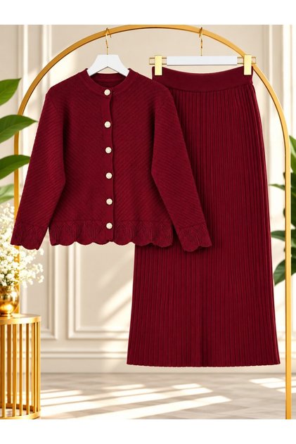 Women's Hijab High Collar Knitwear Skirt Suit Burgundy
