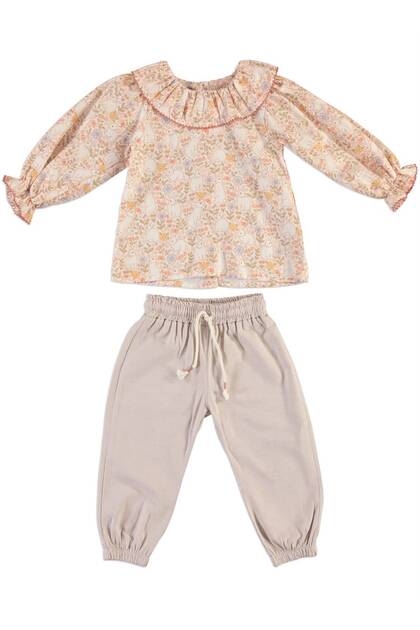 Girl's Rabbit Patterned Ruffle Collar Long Sleeve 100% Cotton Shirt and Trousers 2-Piece Set