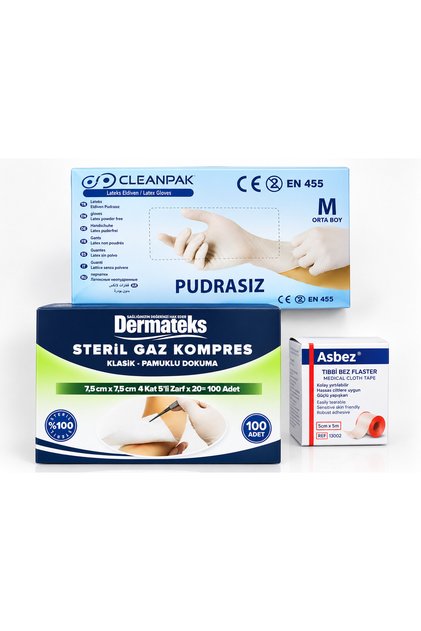 Medikal Pansuman Seti – Pudrasız Eldiven + Steril Gaz Kompres + Tıbbi Bez Flaster
