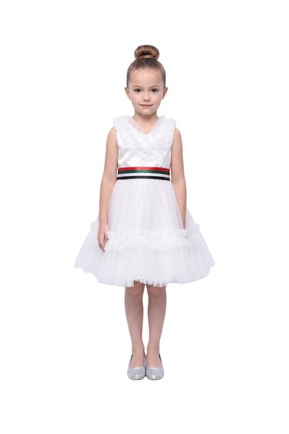 Girls 2-in-1 White V-Neck Ruffle Tulle Party Dress with Removable UAE Flag BeltGirls 2-in-1 White V-Neck Ruffle Tulle Party Dress with Removable UAE Flag Belt