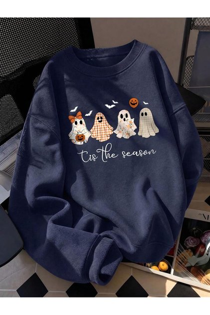 Women's Navy Blue Halloween Cute Ghost Printed Crew Neck Sweatshirt