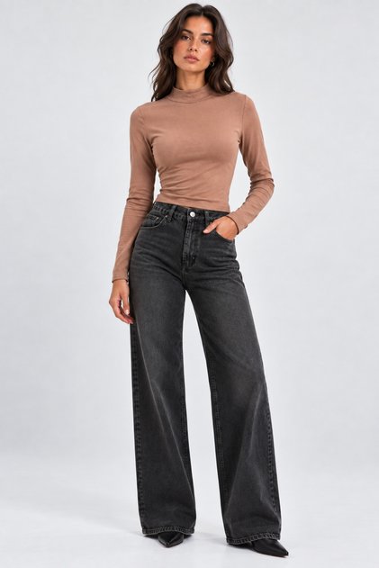 Tan Color, High Collar, Low Back, Long Sleeve Badi.