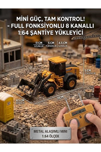 2.4Ghz 1:64 Uzaktan Kumandalı Metal Başlıklı Ve Gövdeli Full Fonksiyon Şarjlı Minik Buldozer Kepçe