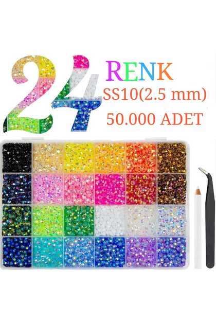 Set with Caps 24 Colors 50,000 Pieces of Adhesive Stones Ss10 (2.5 mm) Bedazzling Kit Set