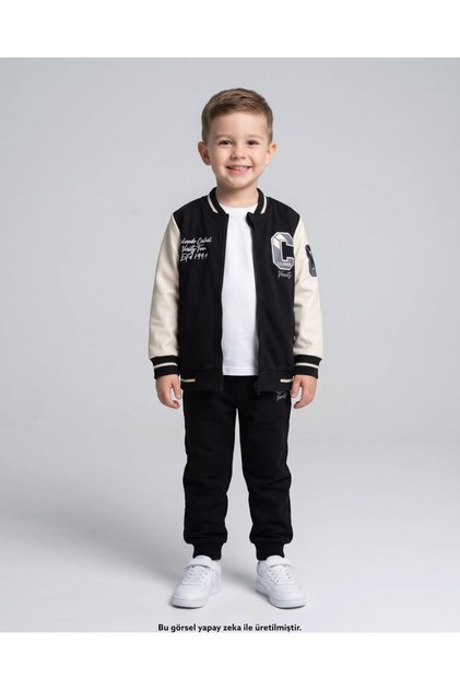 Boy's Seasonal College Jacket with C Embroidery, 6-7-8-9-10 Years Old, Cotton Compact 2-Piece Tracksuit Set