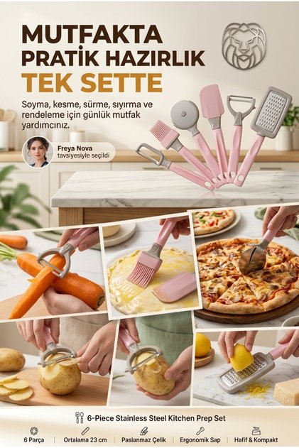 6-Piece Stainless Steel Kitchen Prep Set Practical Vegetable Fruit Peeler Pizza Dough Cutter Roulette Grater Silicone Brush Spatula 723765