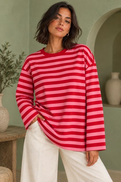 Women's Pink Burgundy Striped Crew Neck Oversize Sweatshirt