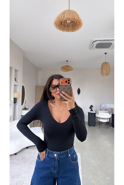 Black V-Neck Polyamide Bodysuit