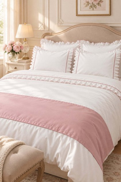 Mirella 100% Cotton Ruffled Piping Runner 7 Piece Double Duvet Cover Set