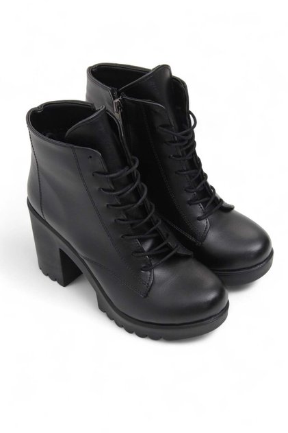 Black Lace-Up Thick-Soled Comfortable Casual Boots with Side Zipper Detail