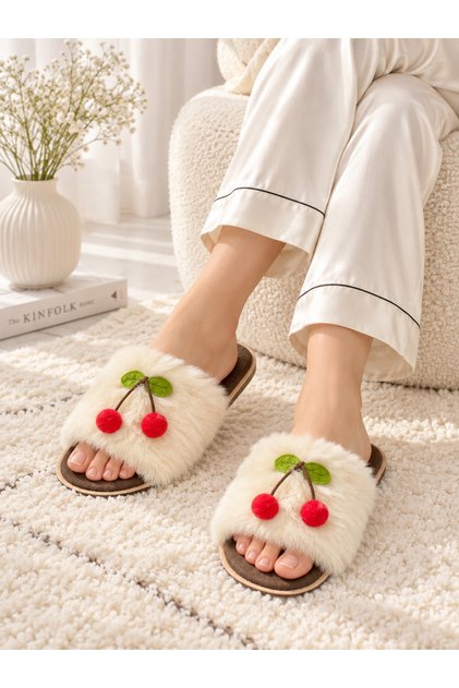 Women's House Slippers Plush Soft Comfortable Cherry Detailed Gift Bundle Bridal Dowry Guest House Slippers