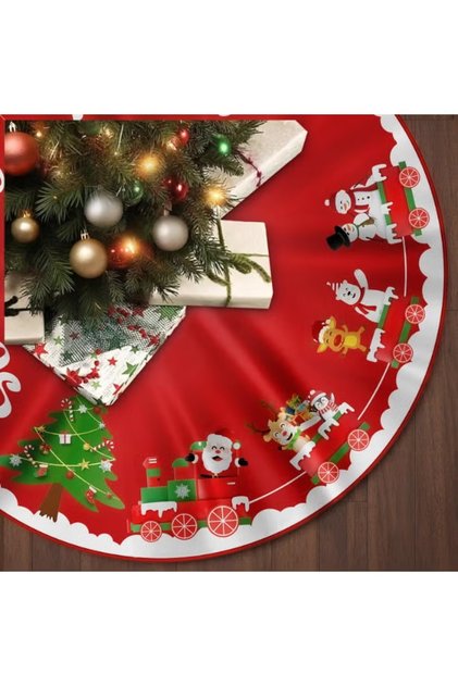 Christmas Tree Skirt Red White Cloth Christmas Tree Base Cover Skirts Decor for Xmas Party Holiday Home Garden (Christmas Train, 120cm/ 48in)