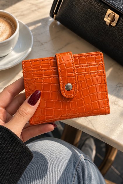 Orange Color Crocodile Patterned Women's Wallet and Card Holder - Multi-Compartment Snap Fastener Mini Wallet