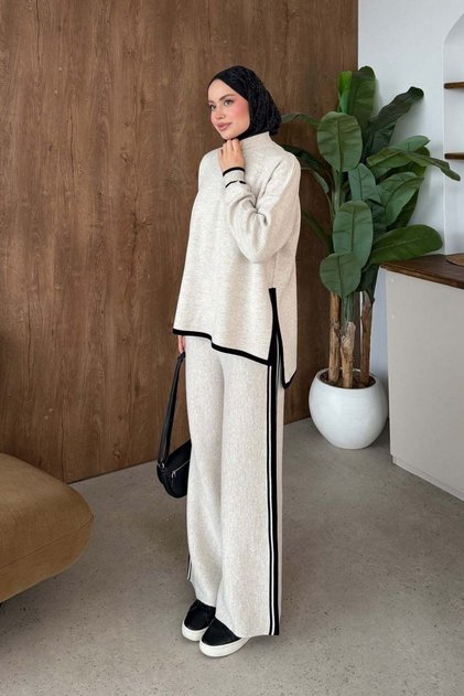 Melisa Stripe Detail Pique Set Beige
