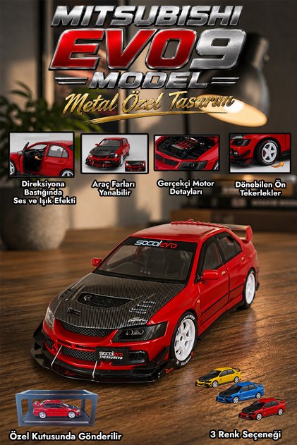 Mitsubishi EVO 9 1:24 Model Araba Sesli Işıklı Metal Kasa Detaylı Tasarım Özel Kutusunda
