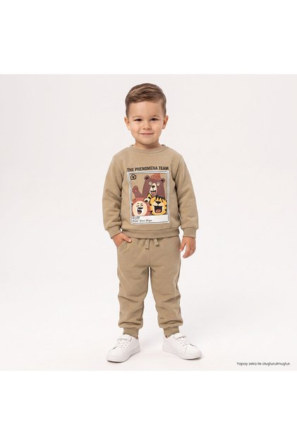 HelloBaby Erkek Bebek Eşofman Takımı Hayvan Baskılı Bağcıklı Bisiklet Yaka Long Sleeve Ribanalı