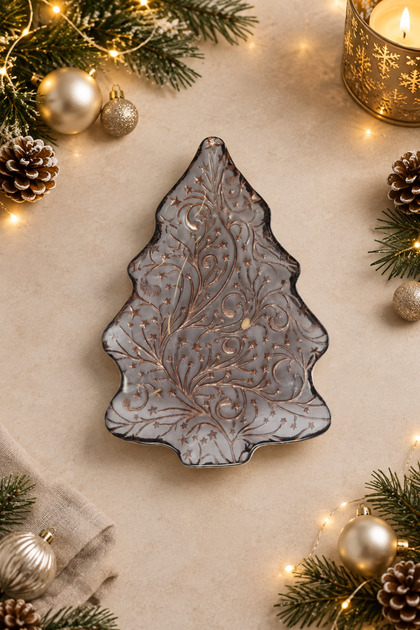 Christmas Pine Tree Patterned Copper Sim Glass Presentation Serving Plate 24 cm
