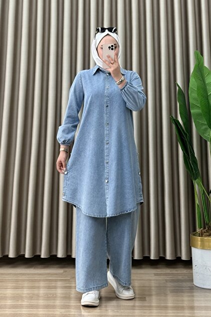 Strawberry Denim Suit Denim Fabric Women's Light Blue Convertible Buttoned Hijab Pants Tunic Double Set