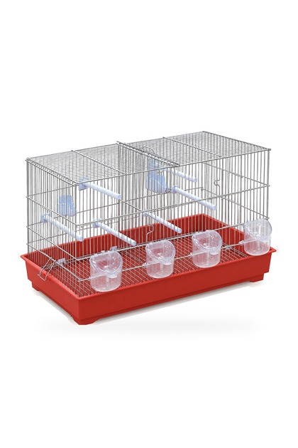 Italian Double Breeding Cage with Removable Divider, 4 External Feeders, Perches and Deep Base for Canaries and Finches - Chrome and Red
