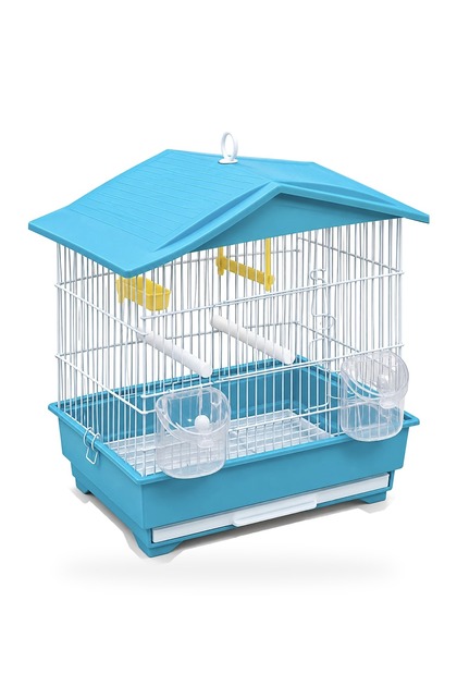 Italian House-Shaped Bird Cage with Solid Roof, 2 External Feeders, Perches, Swing and Pull-Out Tray for Canaries and Budgies - Sky Blue