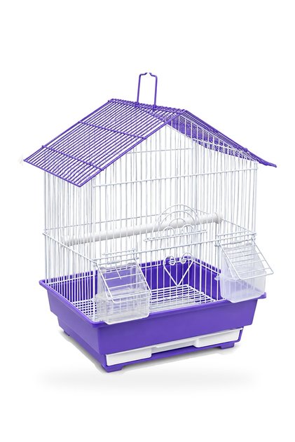 Compact Bird Cage with House Roof, Perch, 2 Hooded Feeders and Pull-Out Tray for Canaries, Finches and Budgies - Purple / White