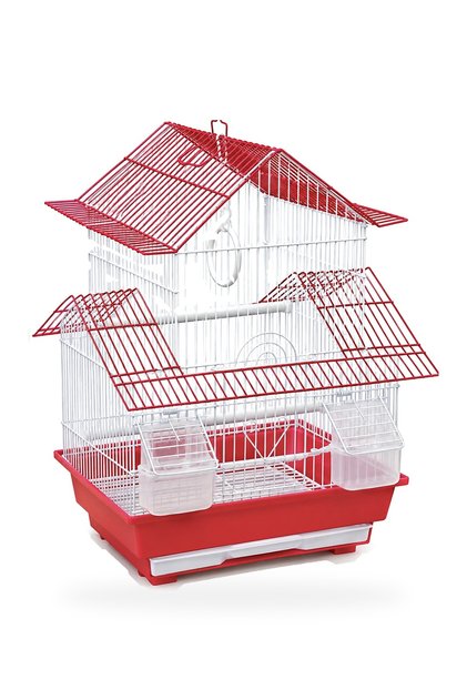 Medium Bird Cage with Double Pagoda Roof, Ring Swing, 2 Perches, 2 Hooded Feeders and Pull-Out Tray for Canaries, Finches and Budgies - Red / White