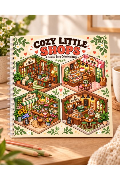 Cozy Little Shops Coloring Book – Isometric Tiny Shops, Bold & Easy Adult Coloring 20X20 Size 30 Images
