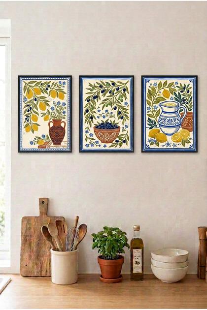 3-Piece Mediterranean Lemon and Olive Black Wooden Framed Mdf Painting Set - Kitchen Wall Decor Huhu3243 - Triple Painting Set Black Frame