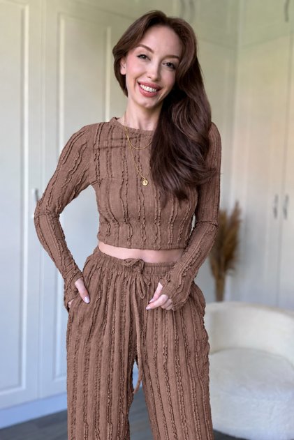Ruffled Long Sleeve Crop Beige Set