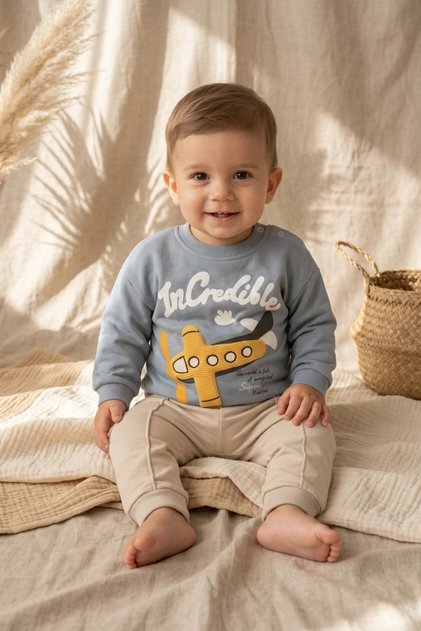 Sky Explorer 100% Cotton Baby Boy Set - Blue Airplane Embroidered Sweatshirt and Beige Pants Combination