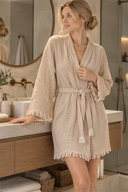 Muslin Peshtemal Kimono Bathrobe Short - 100% Cotton, Natural Texture