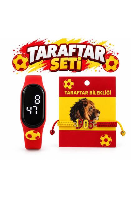 Çocuk Taraftar Seti - Takvimli Dokunmatik Led Kol Saati ve 1905 Sarı Kırmızı Taraftar Bilekliği - Futbol Temalı Hediye Seti