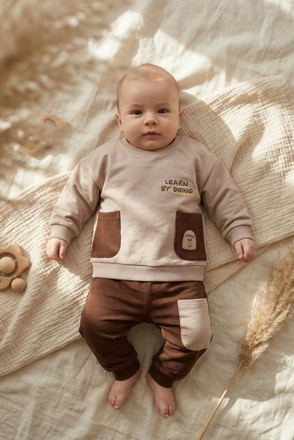 Nova Soft Cotton Gray Pocketed Baby Top and Bottom Set - 100% Cotton Sweatshirt and Sweatpants Combination