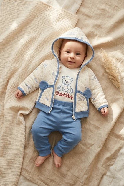 Baby Teddy Bear Hooded Quilted Jacket, Cotton Bodysuit and Ribbed Bottom Tracksuit 3-Piece Combination Set - Ek