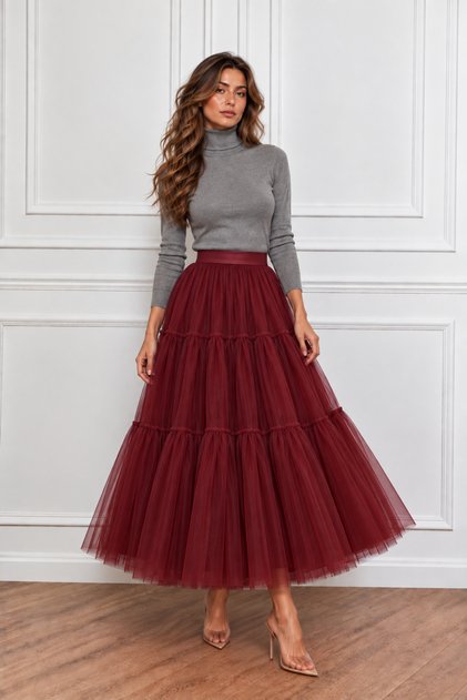 Kadın Tasarım Bordo Renk 95 cm Tül Etek