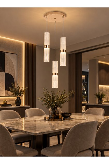 Gold Pendant Lamp with Triple Ribbed Crystal Cylindrical Design 9765-3 - 24W Led 3 Light Levels