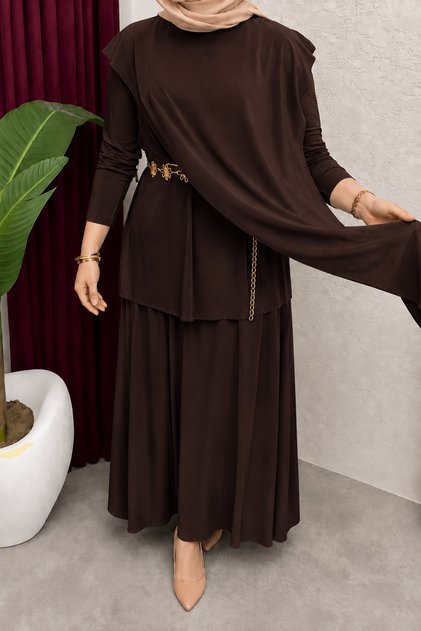 Asymmetrical Cut Sandy Skirt Set - Mg - Bitter Brown