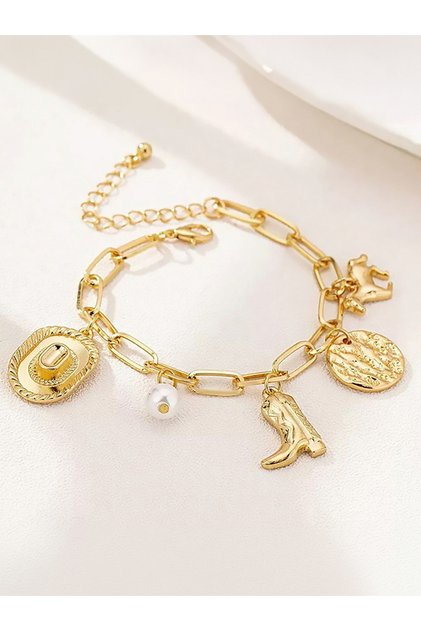 Gold Tone Charm Bracelet with Western Motifs and Pearl Accent