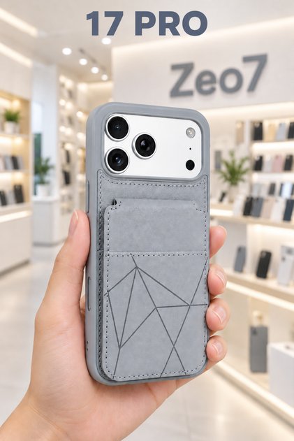 iPhone 17 Pro Uyumlu Cüzdanlı Standlı Telefon Kılıfı, Kartlıklı, Deri Görünümlü, Geometrik Desenli Dikiş Detaylı