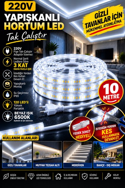 10 MT YAPIŞKANLI 220 VOLT ŞERİT LED TRAFOSUZ TAK ÇALIŞTIR FİŞLİ BEYAZ IŞIK ( istediğin yerden kes kullanmaya devam et yedek soket hediyeli)