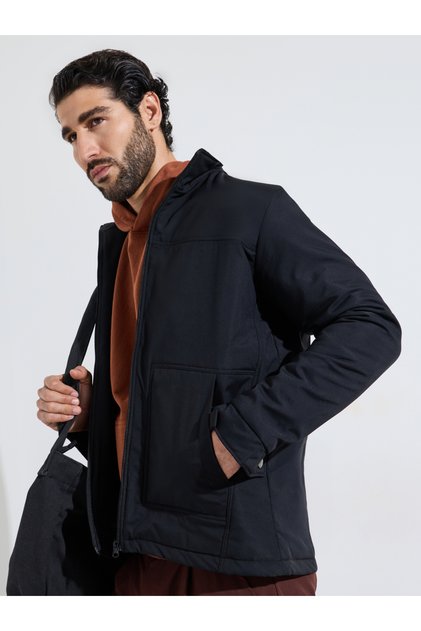 Men Black Paneled Utility Zipper Jacket