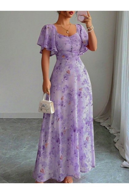 Purple Ditsy Print Midi Tea Dress with Short Sleeves