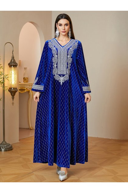 Blue Velvet Maxi Jalabiya with Silver Embroidery