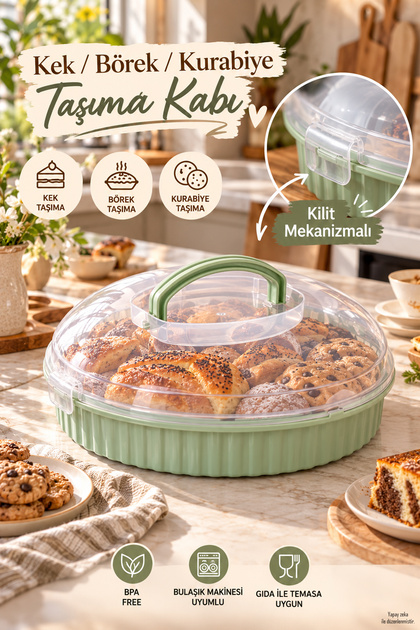 0653 Vista Kilitli Ve Kulplu Yuvarlak Börek, Kek Ve Kurabiye Taşıma Kabı 32 cm – Şeffaf Kapaklı Hamur İşi Saklama Ve Sunum Fanusu (Mint Yeşili)