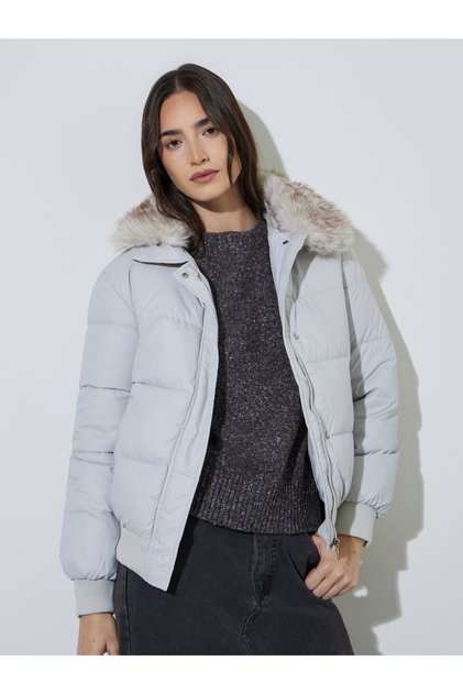 Grey Padded Jacket with Faux Fur Collar