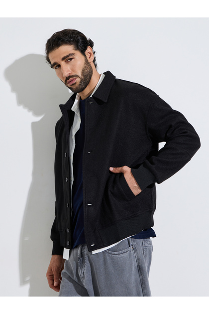 Men Black Wool-Like Buttoned Jacket