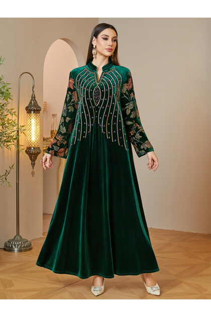 Velvet Maxi Jalabiya with Floral Embroidery