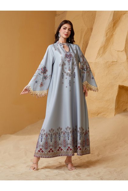 Maxi Jalabiya Dress with Intricate Print and Rhinestones