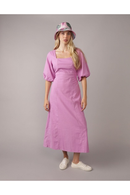 AE Linen-Blend Puff Sleeve Tie Back Midi Dress